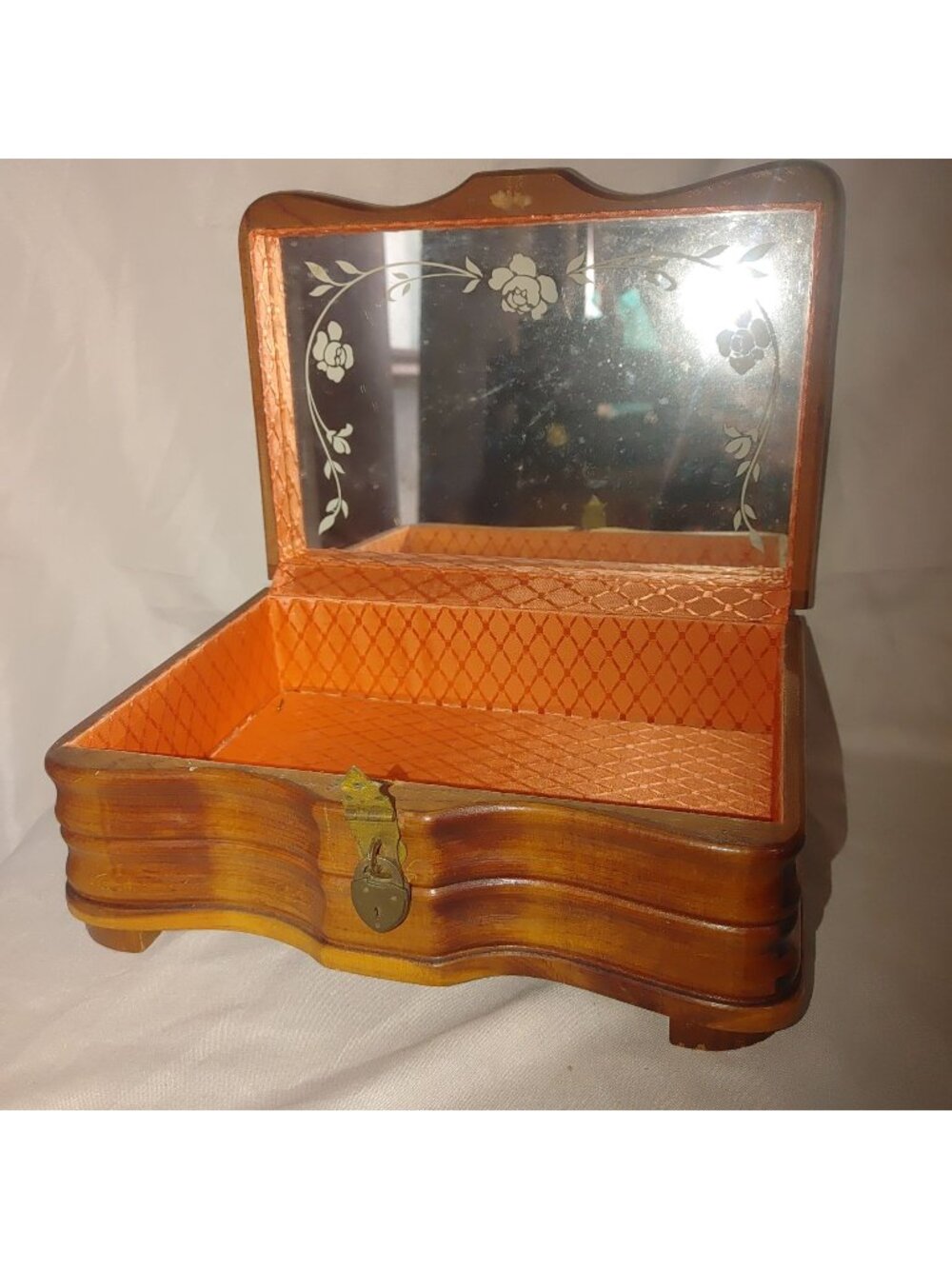 Wooden Jewelry Box Vintage Floral Vase Leather Mirror Satin Lining Lockable Lid